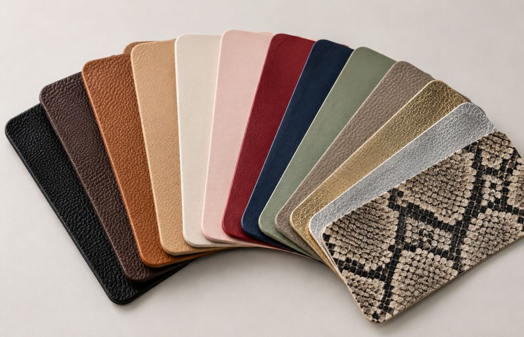 Metallics, prints and embossed grains give PU a color range dyed hide cannot match.